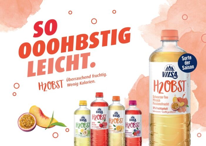 VILSA H2Obst-Range wächst um ooohbstige Sommer-Sorte: Mit VILSA H2Obst „Schwarzer Tee Pfirsich Passionsfrucht“ die fruchtige Erfrischung der Saison erleben